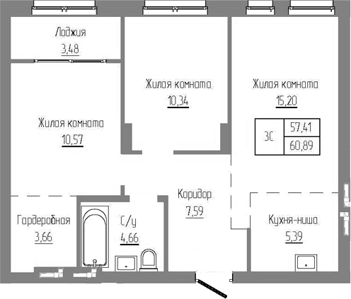 Планировка — Базилик, 3-комн., 57 м²