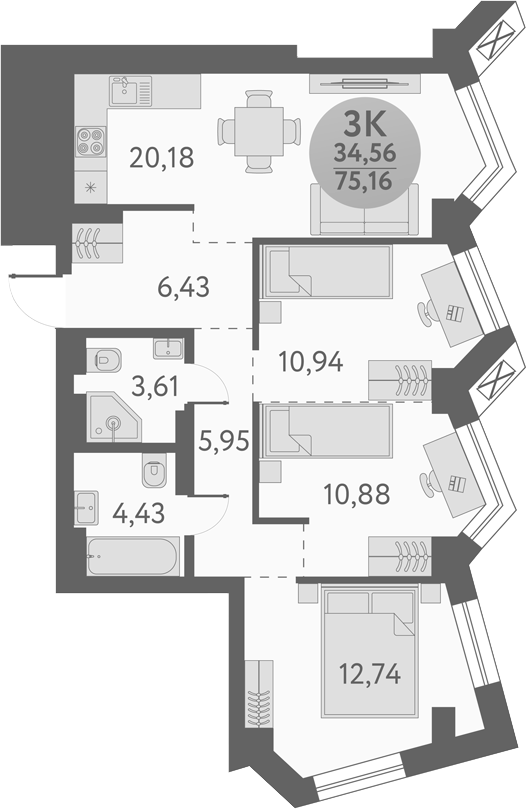 Планировка — Урбан Пикс, 3-комн., 75 м²