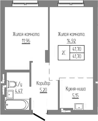 Планировка — Базилик, 2-комн., 42 м²