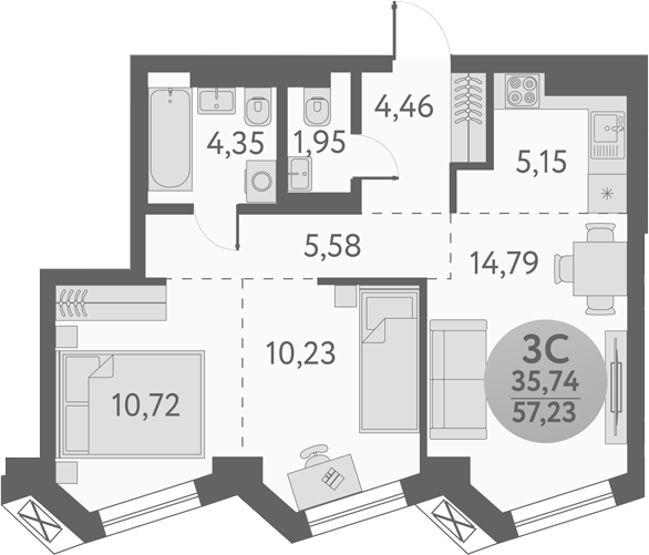 Планировка — Урбан Пикс, 3-комн., 57 м²