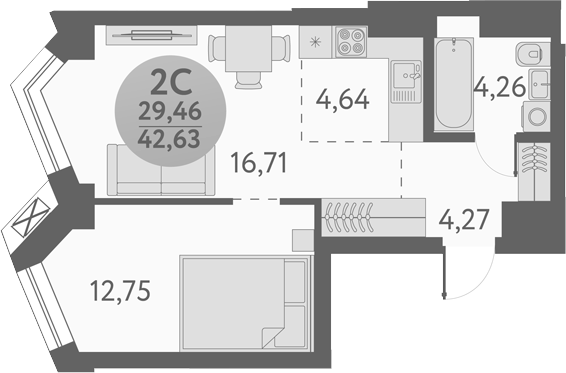 Планировка — Урбан Пикс, 2-комн., 43 м²