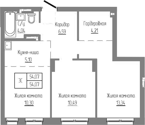 Планировка — Базилик, 3-комн., 54 м²