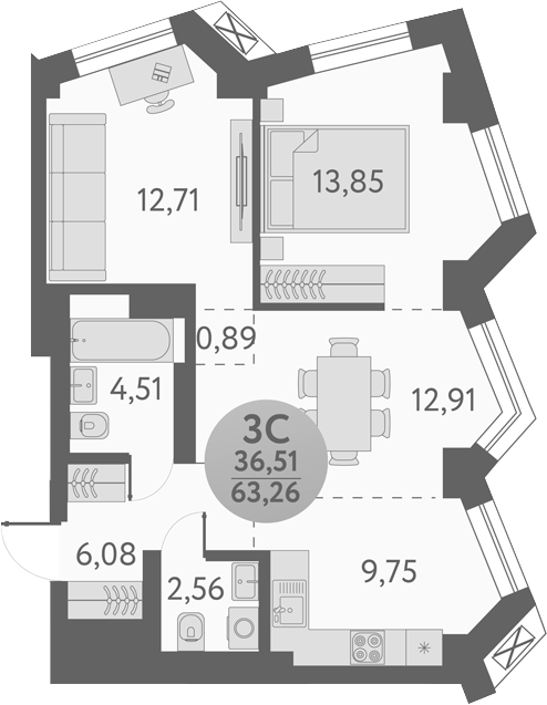 Планировка — Урбан Пикс, 3-комн., 63 м²