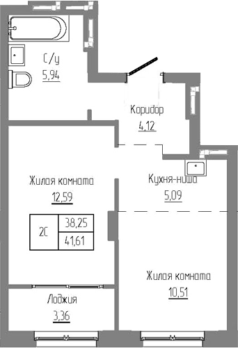 Планировка — Базилик, 2-комн., 38 м²