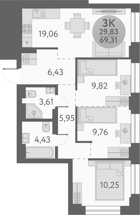 Планировка — Урбан Пикс, 3-комн., 69 м²