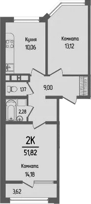 Планировка — Прима, 2-комн., 50 м²