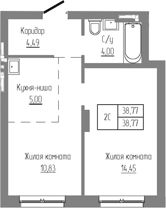 Планировка — Базилик, 2-комн., 39 м²