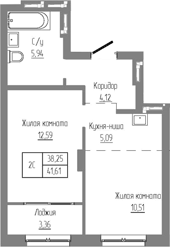 Планировка — Базилик, 2-комн., 39 м²