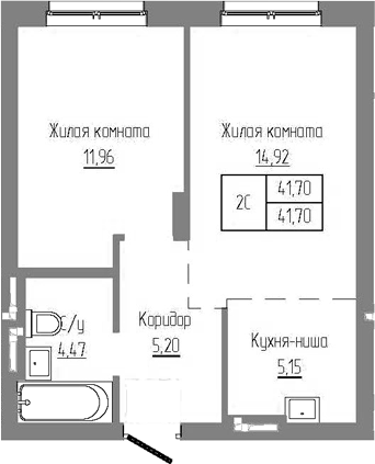 Планировка — Базилик, 2-комн., 42 м²