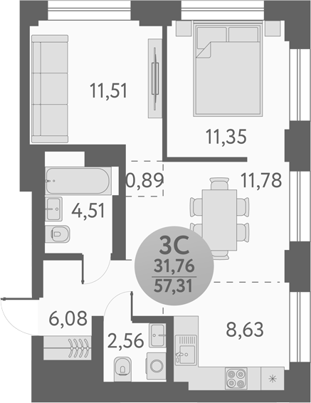 Планировка — Урбан Пикс, 3-комн., 57 м²