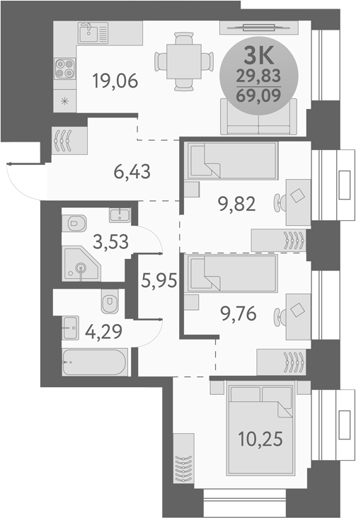 Планировка — Урбан Пикс, 3-комн., 69 м²