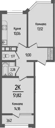 Планировка — Прима, 2-комн., 50 м²