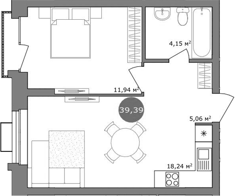 Планировка — 19/56 Кварталы Телецентра, 2-комн., 39 м²