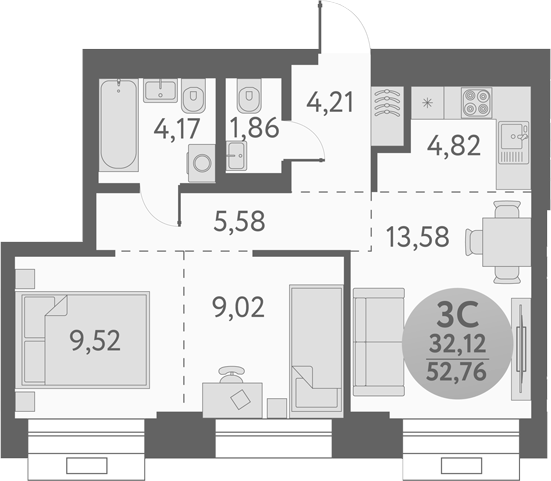 Планировка — Урбан Пикс, 3-комн., 53 м²