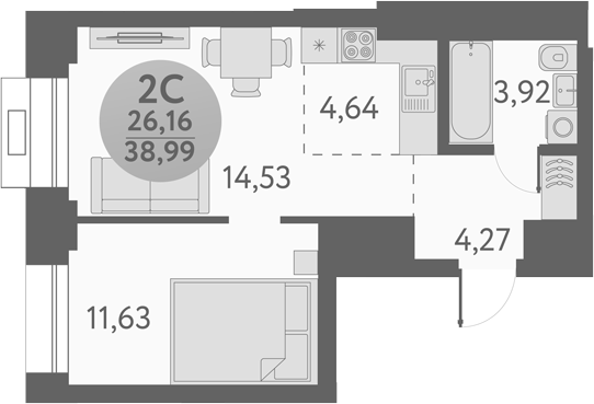 Планировка — Урбан Пикс, 2-комн., 39 м²