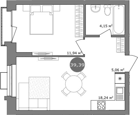 Планировка — 19/56 Кварталы Телецентра, 2-комн., 39 м²