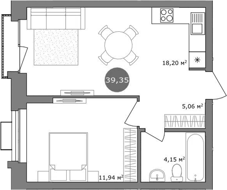 Планировка — 19/56 Кварталы Телецентра, 2-комн., 39 м²