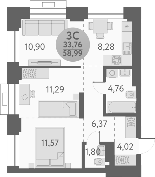 Планировка — Урбан Пикс, 3-комн., 59 м²