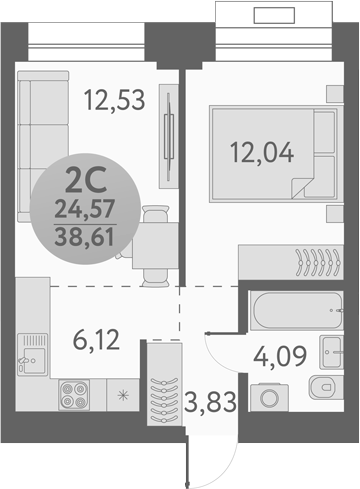 Планировка — Урбан Пикс, 2-комн., 39 м²