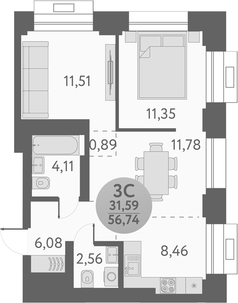 Планировка — Урбан Пикс, 3-комн., 57 м²