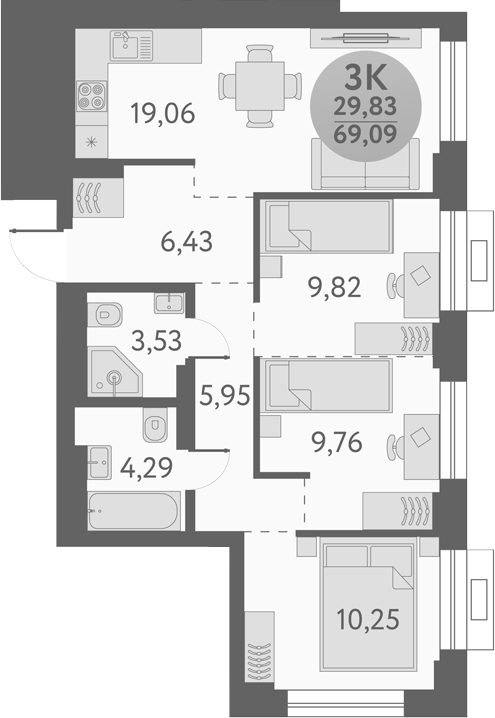 Планировка — Урбан Пикс, 3-комн., 69 м²