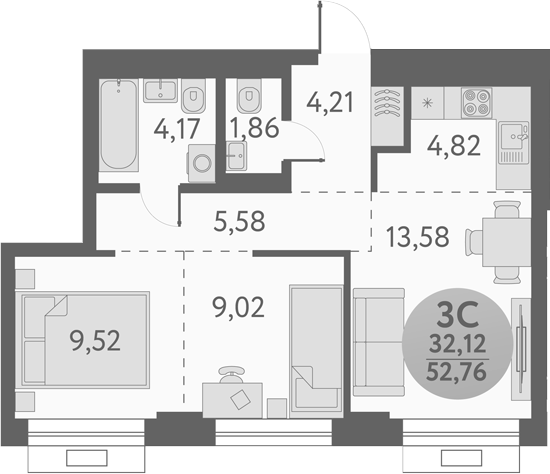 Планировка — Урбан Пикс, 3-комн., 53 м²