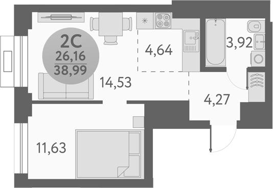 Планировка — Урбан Пикс, 2-комн., 39 м²
