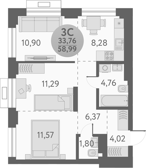 Планировка — Урбан Пикс, 3-комн., 59 м²