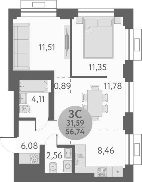 Планировка — Урбан Пикс, 3-комн., 57 м²