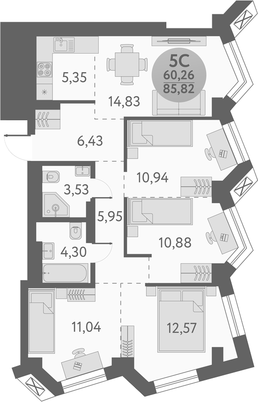 Планировка — Урбан Пикс, 5-комн., 86 м²