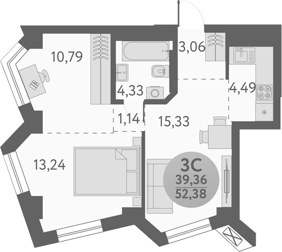 Планировка — Урбан Пикс, 3-комн., 52 м²
