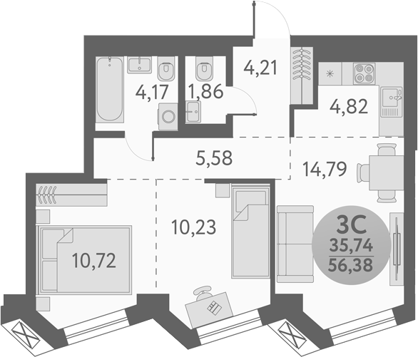 Планировка — Урбан Пикс, 3-комн., 56 м²