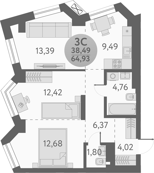 Планировка — Урбан Пикс, 3-комн., 65 м²