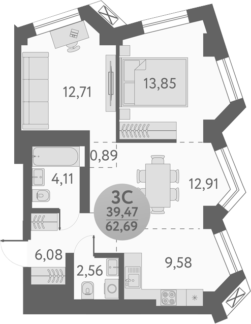 Планировка — Урбан Пикс, 3-комн., 63 м²