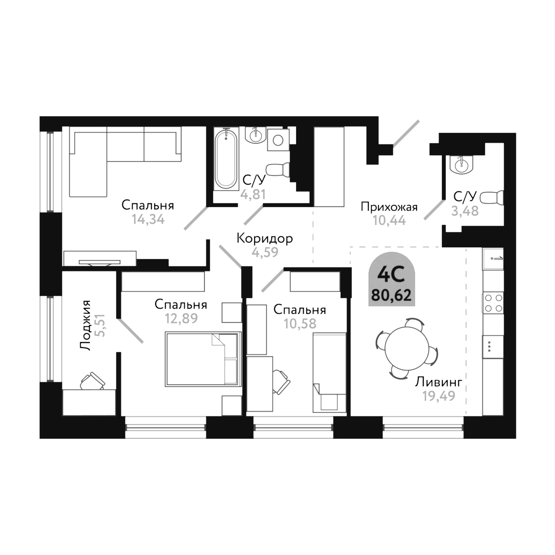 Планировка — Квартал 1604. Томск, 4-комн., 81 м²