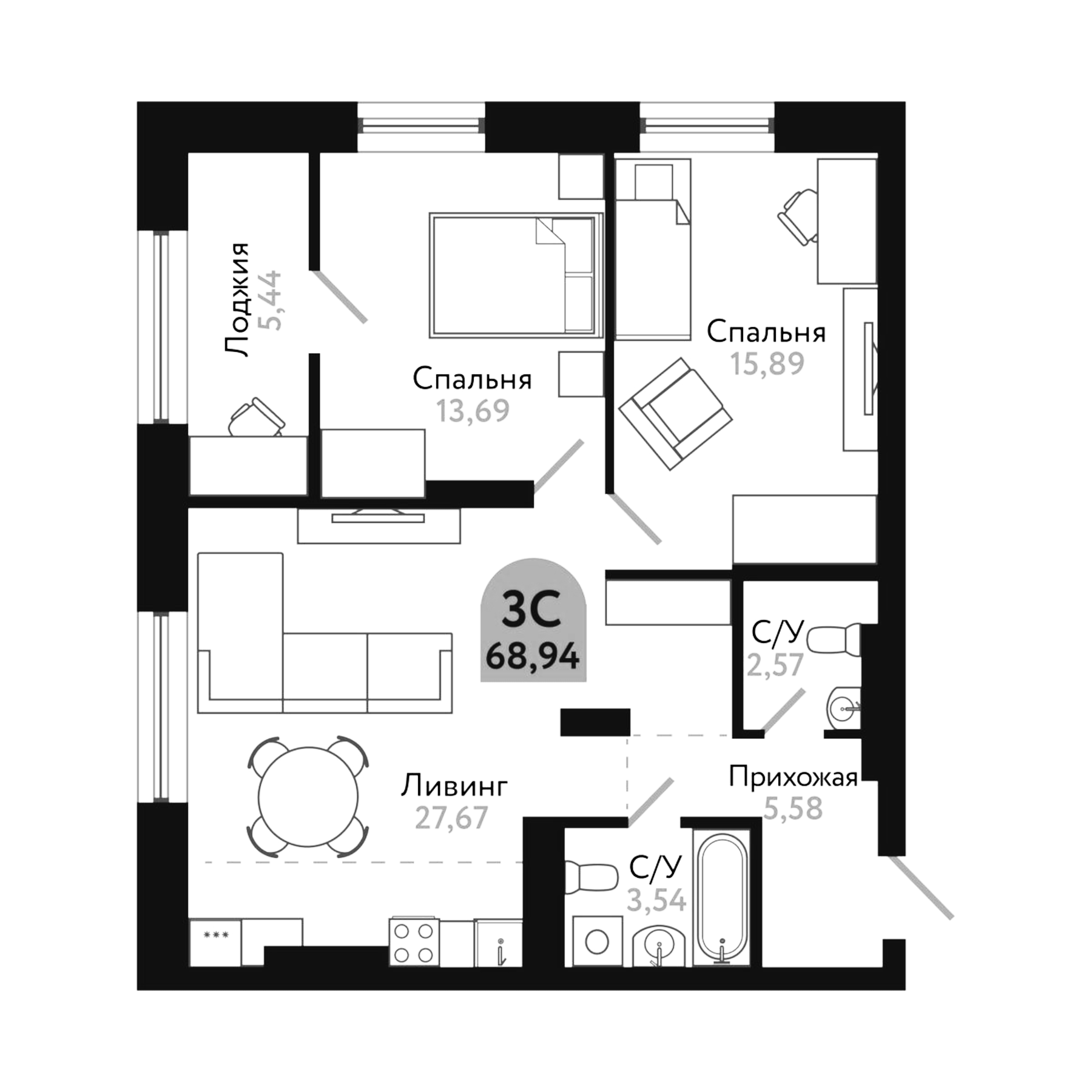 Планировка — Квартал 1604. Томск, 3-комн., 69 м²