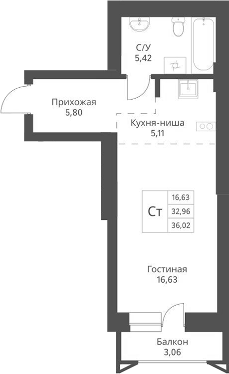 Планировка — Актив, Студия, 35 м²