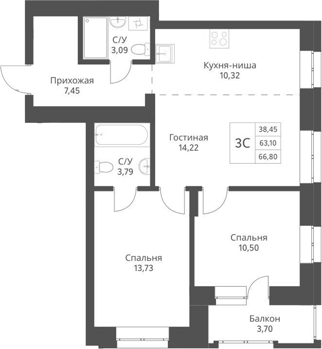 Планировка — Актив, 3-комн., 63 м²