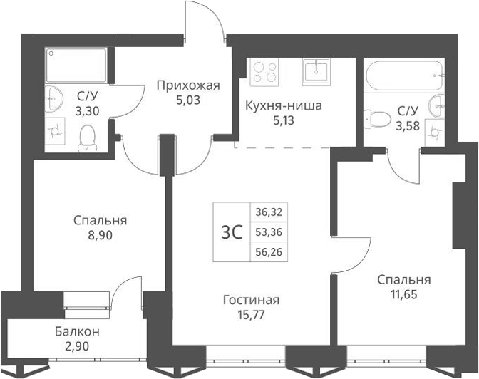 Планировка — Актив, 3-комн., 53 м²