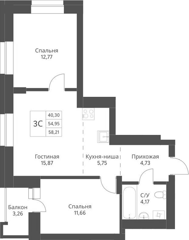 Планировка — Актив, 3-комн., 55 м²