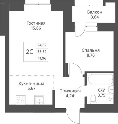 Планировка — Актив, 2-комн., 38 м²