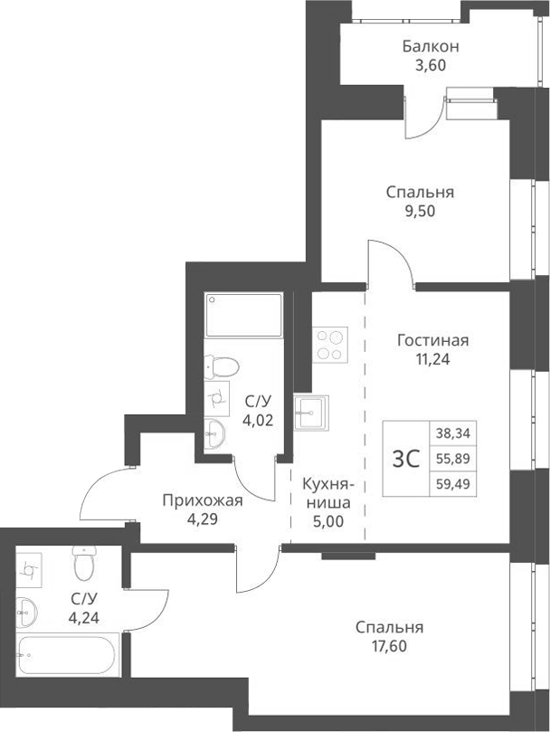 Планировка — Актив, 3-комн., 56 м²