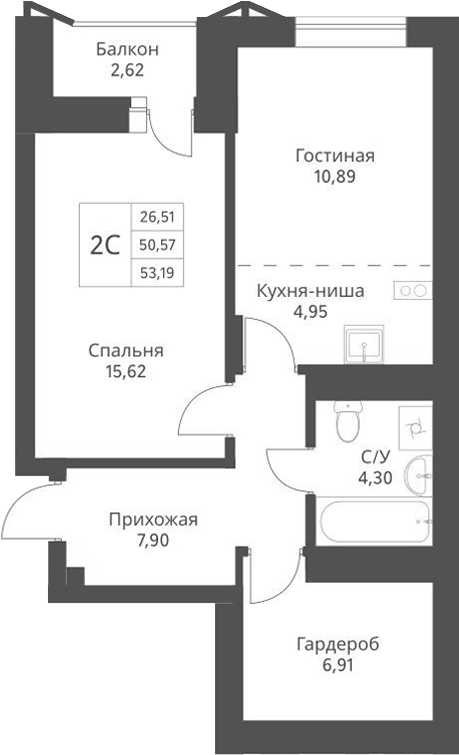 Планировка — Актив, 2-комн., 53 м²