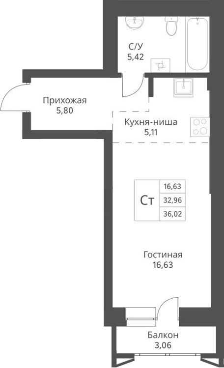 Планировка — Актив, Студия, 35 м²