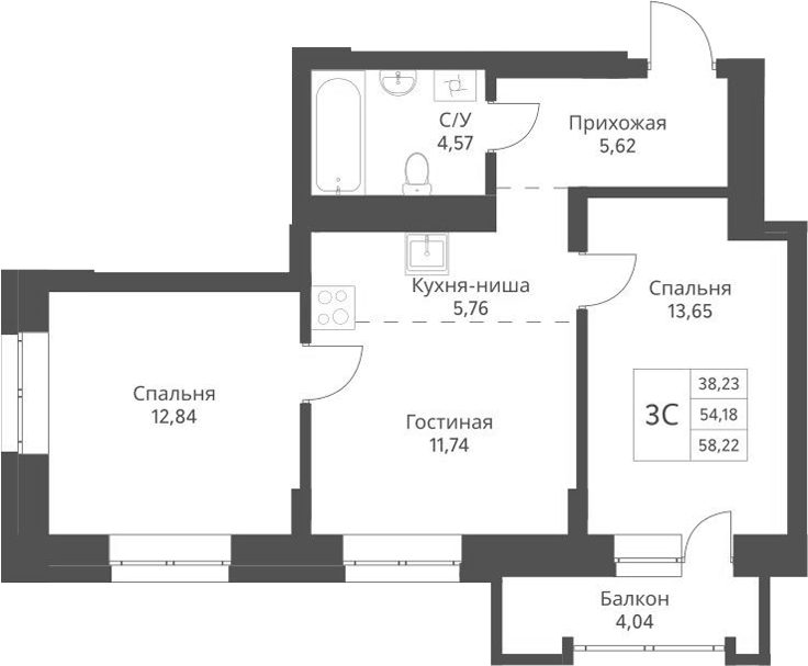 Планировка — Актив, 3-комн., 53 м²