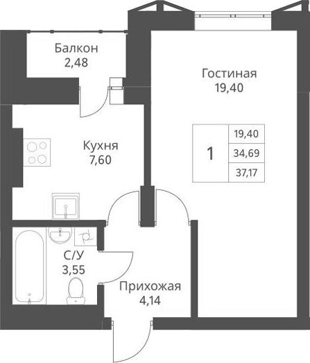 Планировка — Актив, 1-комн., 35 м²