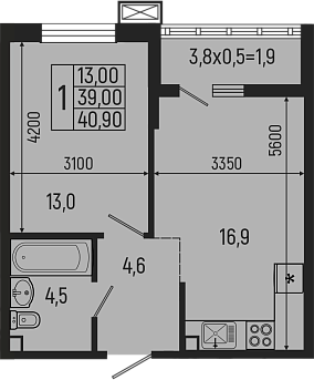 Планировка — Звезды, 2-комн., 39 м²