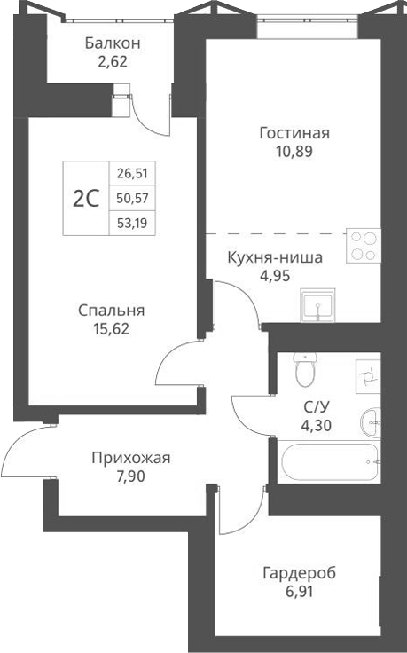 Планировка — Актив, 2-комн., 53 м²