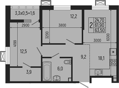 Планировка — Звезды, 3-комн., 62 м²