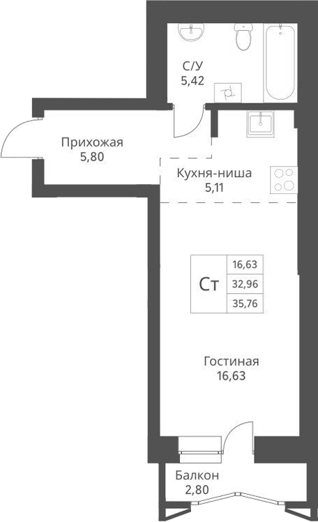 Планировка — Актив, Студия, 35 м²